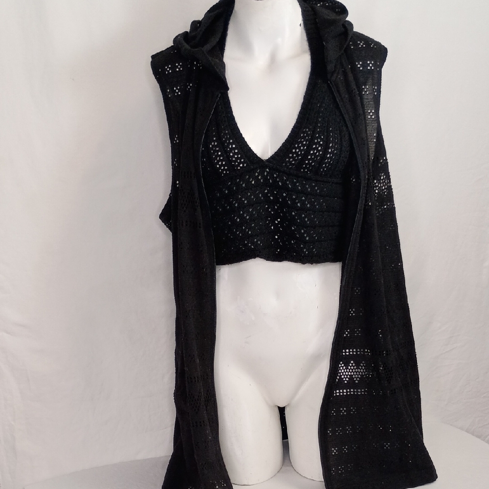 2pc Women's Crochet Halter Top w Sleeveless Hoodie Black Festival Coachella
